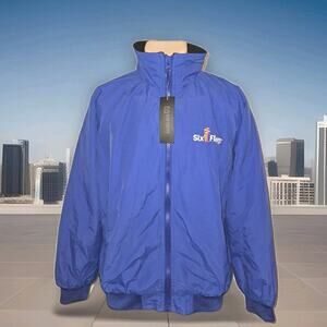 NWT! Six Flags Blue Nylon Windbreaker Full Zip Fleece Linned Jacket MEDIUM